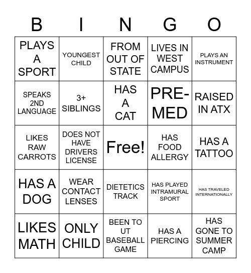 UTEXAS NUTRITION Bingo Card