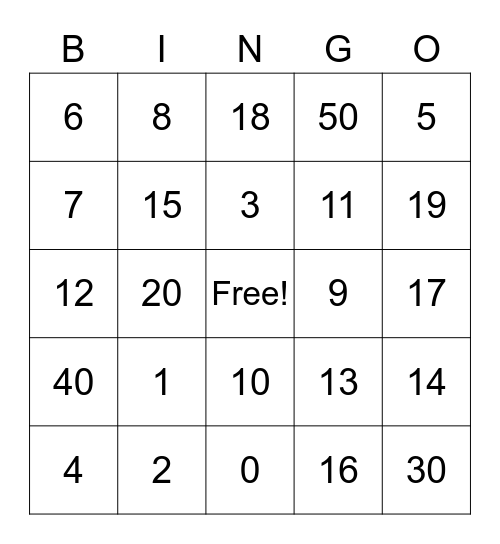 Spanish Numbers Bingo Card