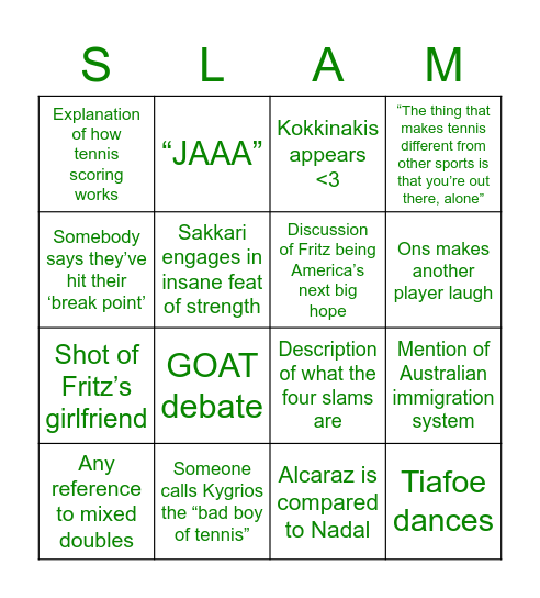 Break Point Bingo Card