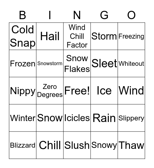 Winter Weather Bingo Card