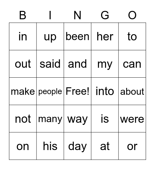 Sight Word Bingo Card