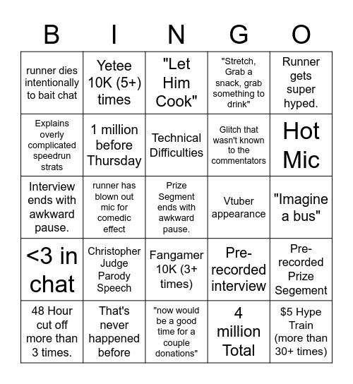 AGDQ 2023 Bingo Card