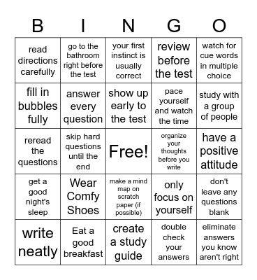 Test Taking Skills Bingo Card