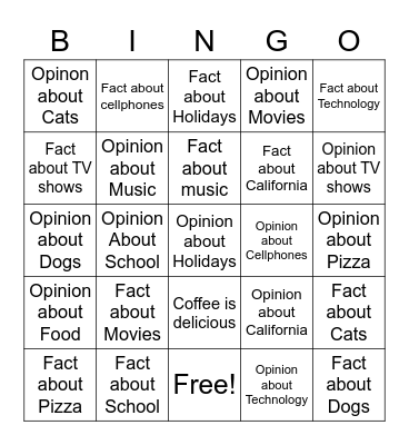 Opinion VS. Fact Bingo Card