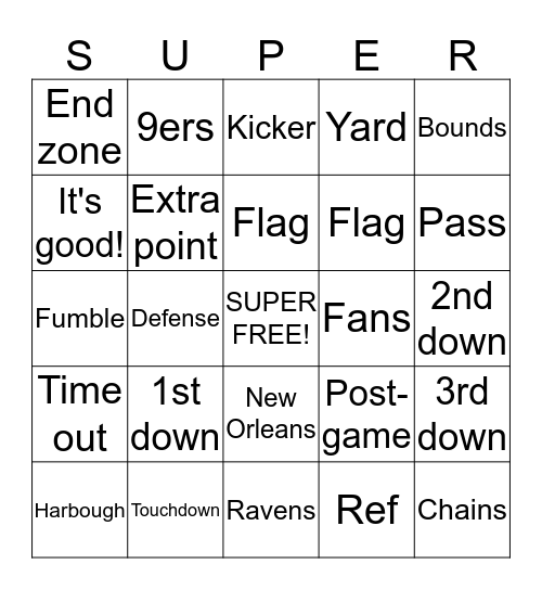 Superbowl 47: Baltimore Ravens vs. SF 49ers Bingo Card