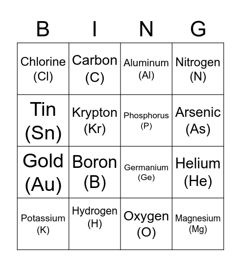 Element Challenge Bingo Card