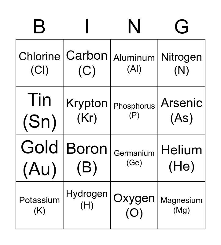 Element Challenge Bingo Card