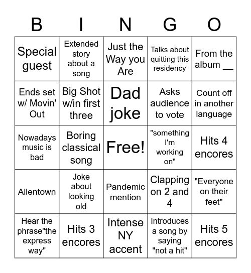 Billy Joel at MSG Bingo Card