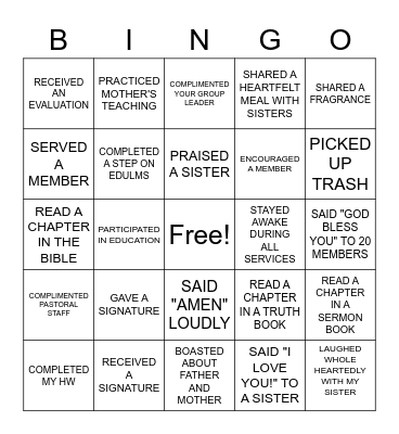 Sabbath Day Bingo Card