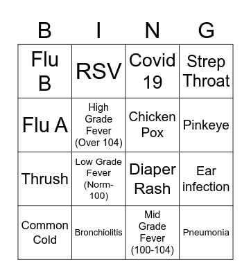 Daycare Illness Bingo Card