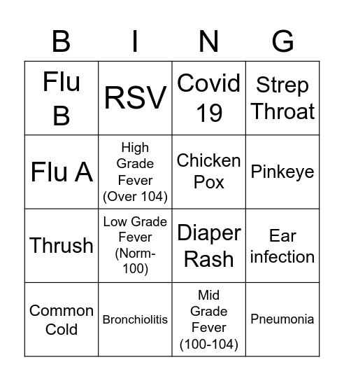 Daycare Illness Bingo Card