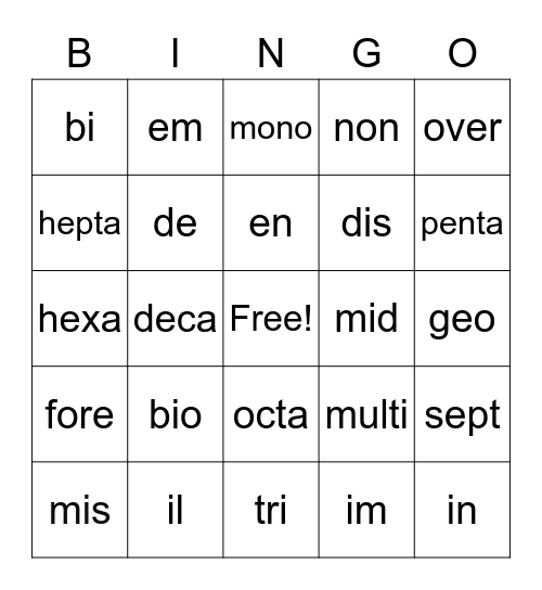 Prefix Bingo Card