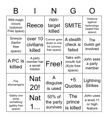 A Royal Caper Bingo Card