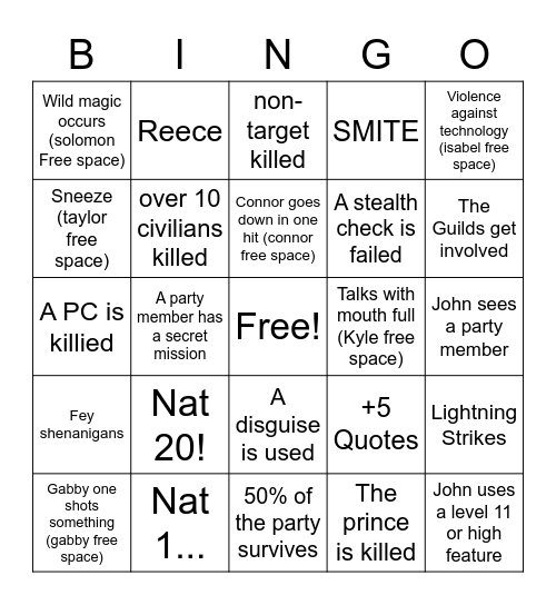 A Royal Caper Bingo Card