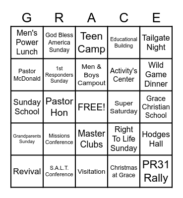 Grace Baptist Church Bingo Card