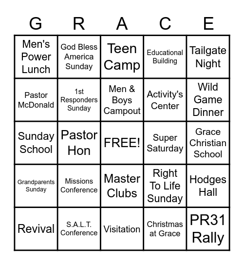 Grace Baptist Church Bingo Card
