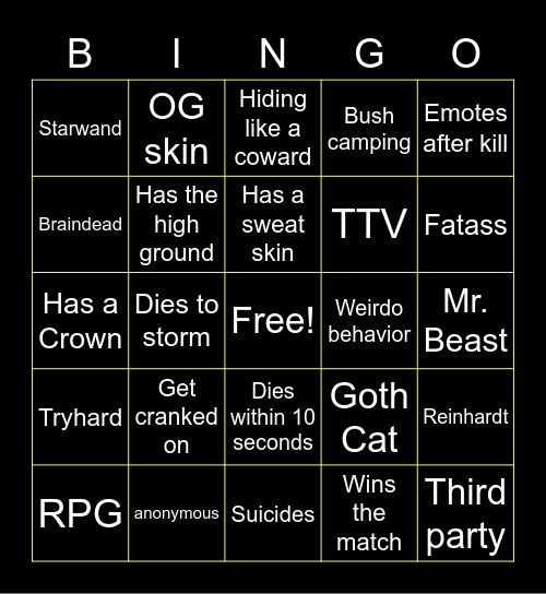 Fortnite BINGO Card