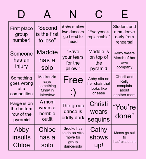 Dance Moms season 2 bingo! Bingo Card