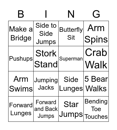 Physical Activity Bingo! Bingo Card
