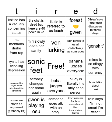 tired teens bingo Card