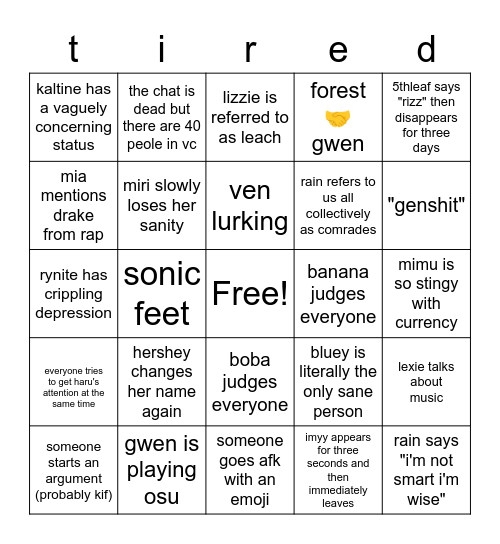 tired teens bingo Card