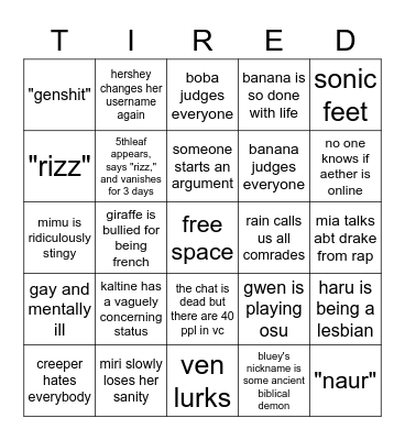 Tired Teens Bingo Card
