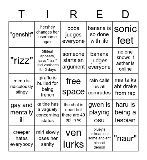 Tired Teens Bingo Card