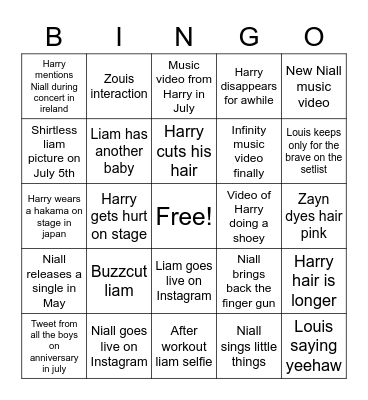 One direction bingo #2 Bingo Card