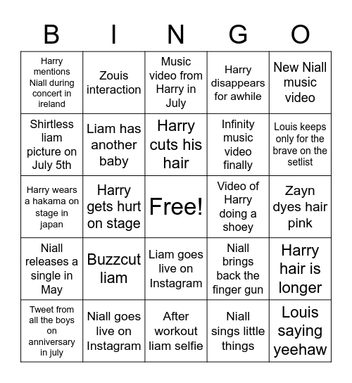 One direction bingo #2 Bingo Card