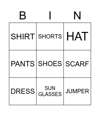 CLOTHES Bingo Card