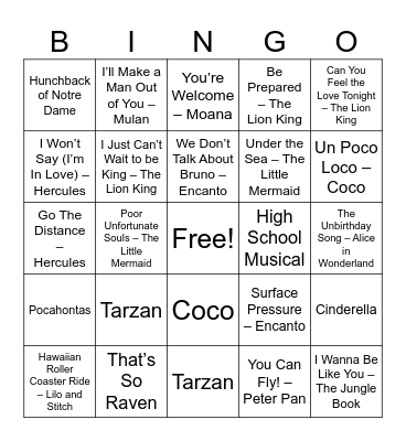 MTB Disney Tunes Bingo Card