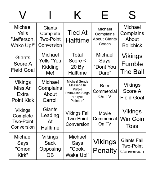 Vikings vs. Giants Bingo Card