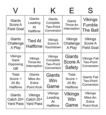 Vikings vs. Giants Bingo Card