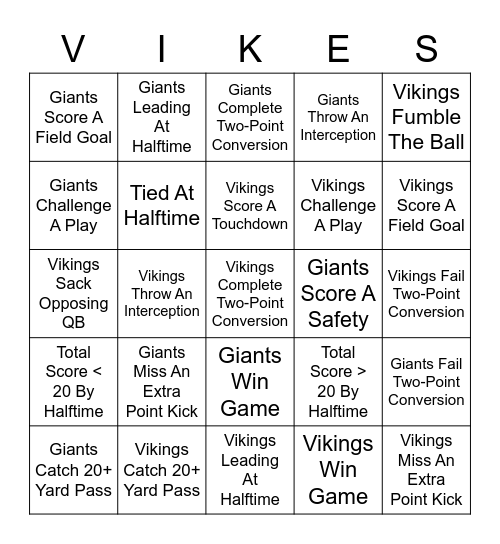 Vikings vs. Giants Bingo Card