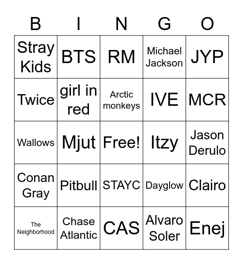 music taste bingo Card