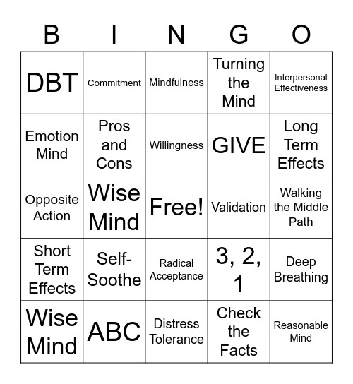DBT Skills Bingo! Bingo Card