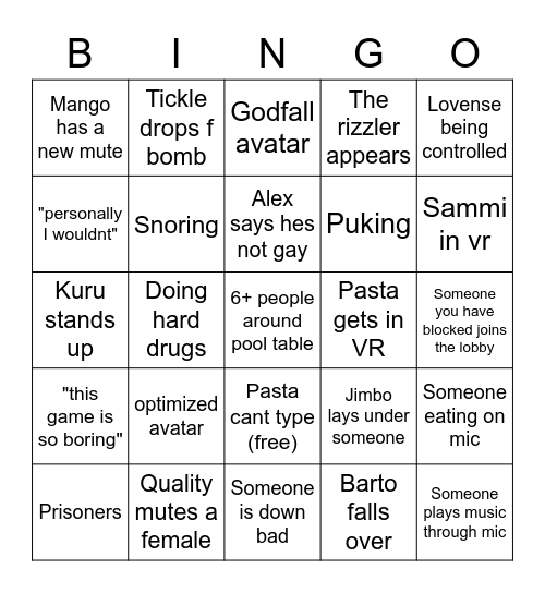 vrc drinking Bingo Card