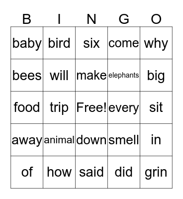1st Grade~ Lesson 7 Bingo Card