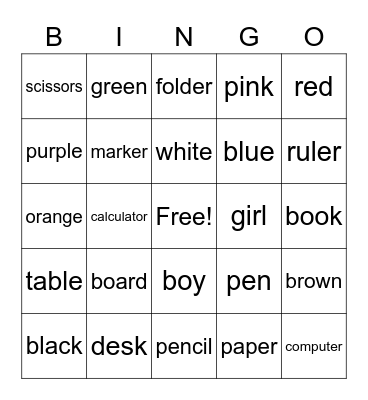 School supplies and colors Bingo Card