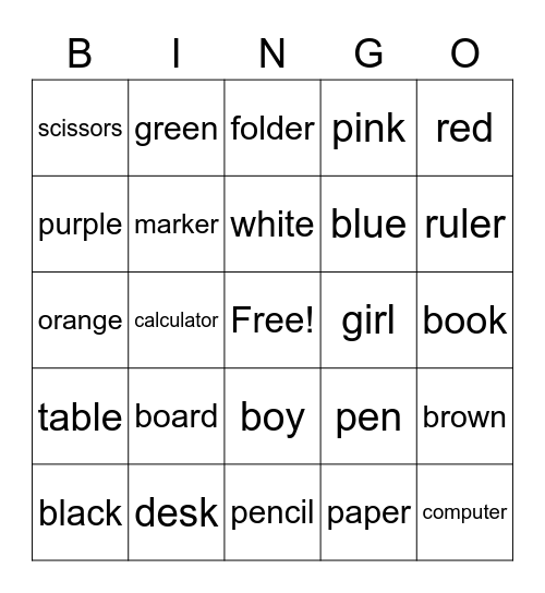 School supplies and colors Bingo Card