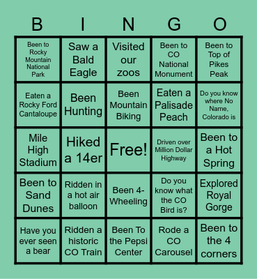 COLORADO ACTVITIES BINGO Card