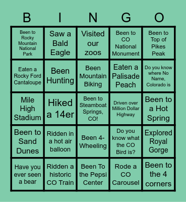 COLORADO ACTVITIES BINGO Card