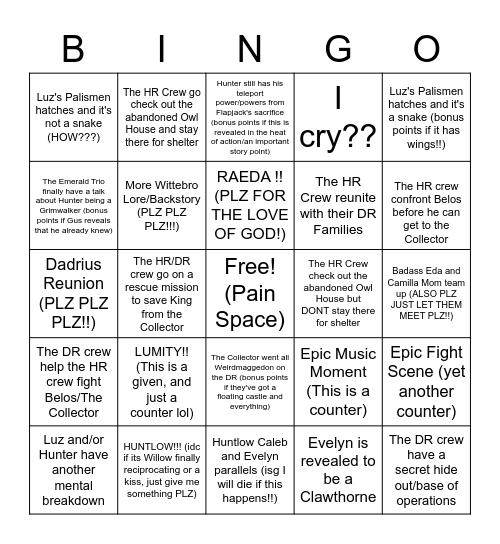 TOH Season 3 For The Future Bingo Card