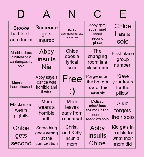 Dance Moms season 2 Bingo Card