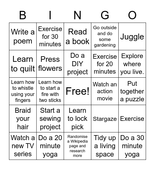 Projects to work on when bored/Things to do when bored Bingo Card