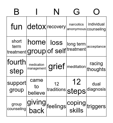 recovery Bingo Card
