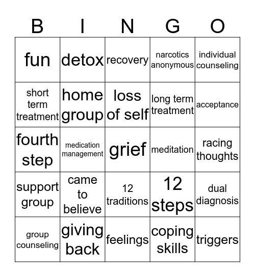 recovery Bingo Card