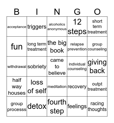 Recovery Bingo Card