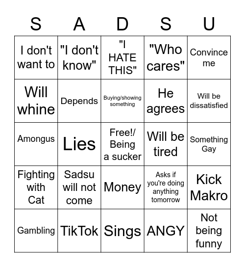 Sadsu Bingo Card