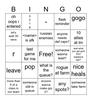 AB Premade life Bingo Card